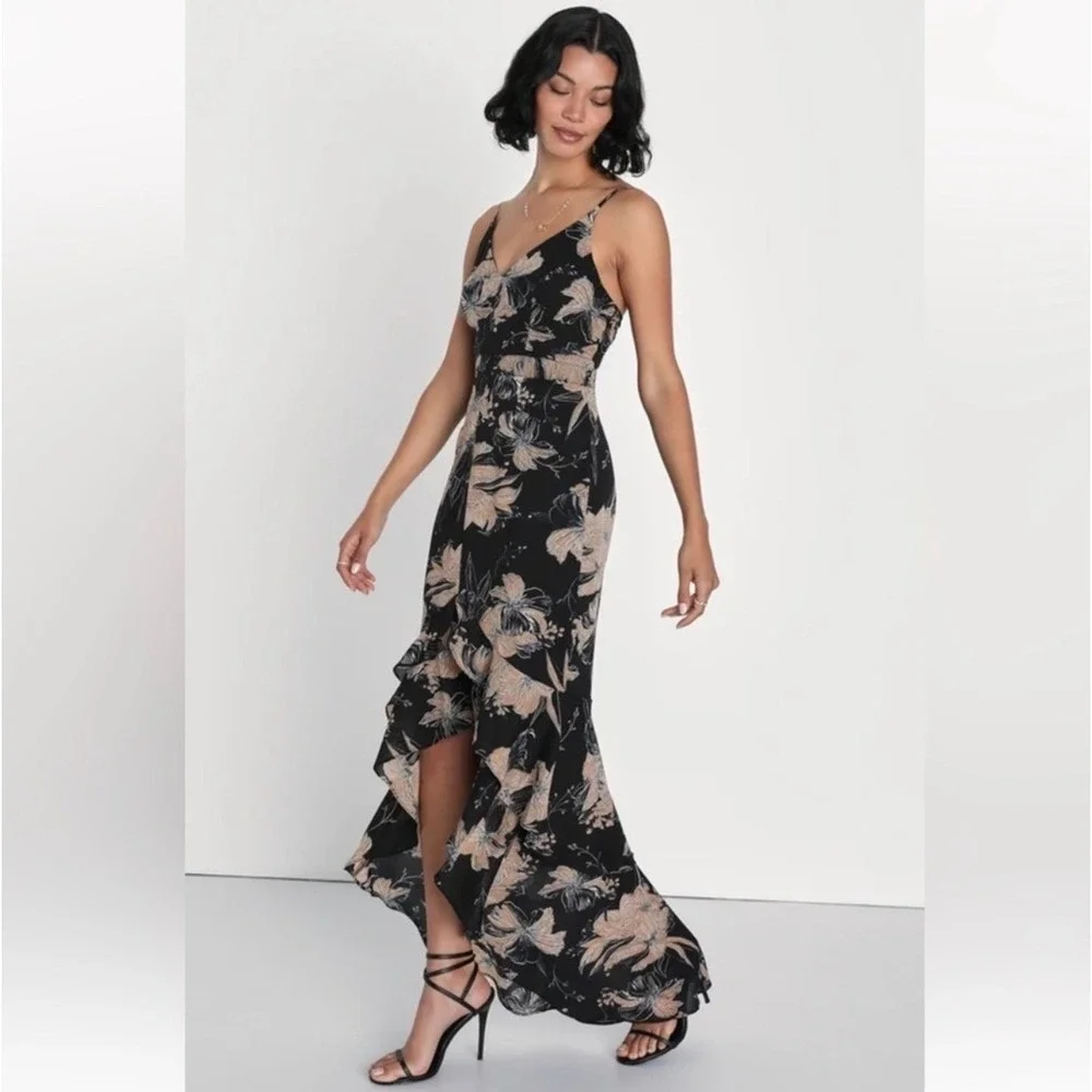 Lulus Dress | Darling Daylily Black Floral Print Hi-Low Maxi Dress